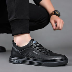 Chaussures en cuir décontractées pour hommes, bout rond, respirantes, semelle en caoutchouc, chaussures de marche - Product Image 4