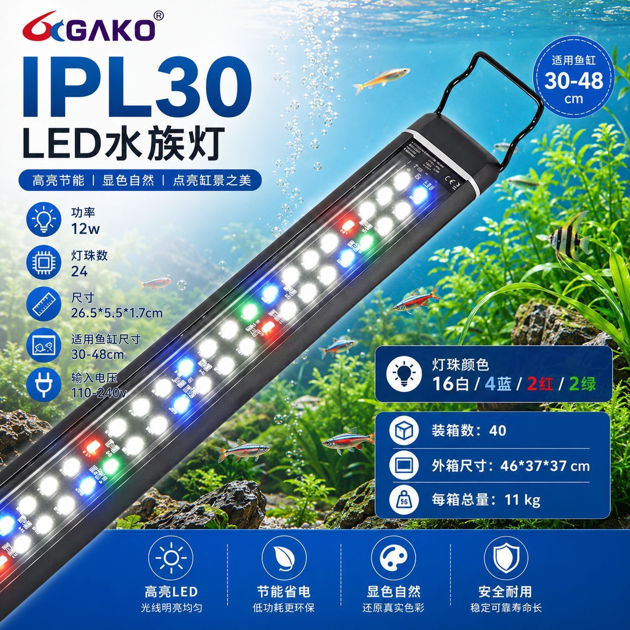 Ipl-30-12w-24 leds-suitable for aquariums 3048 cm in size