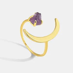 Wholesale Price Copper Material Moon Star Ring Stone Natural Gemstone Amethyst Stone Open Ring Adjustable Gold Plated Ring