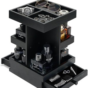 Wooden Rotating <b>Storage</b> Rack 8.86x8.86x10 Inch With <b>Drawers</b> For Perfume Jewelry Desktop Organizer - Product Image 2