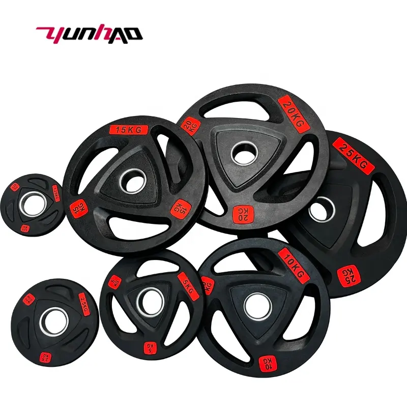 YunCheng Wholesale High Quality Custom Logo Black Rubber Cast Iron 45 lb Three Holes Weight Plate