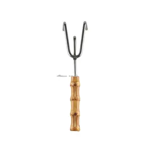 Stainless Steel Wood Wooden Bamboo Root Handle Planting Soil Loosening Weeding Garden Tool Three Teeth Claw Hand Rake Cultivator