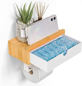 Portarrollos de papel higiénico de bambú con estante, portarrollos de papel higiénico con cajón de almacenamiento para toallitas organizadoras, se adapta a cualquier habitación - Product Image 1