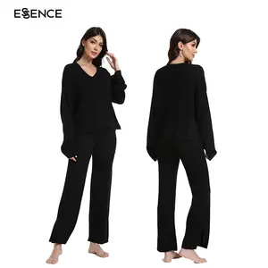 All Black Viscose from Cotton Pijama Pantalón de manga larga 2 piezas Slit Bamboo Loungewear Conjunto de mujer