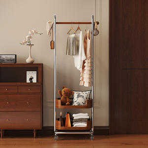 מעיל עץ מוצק מתלה שטח ביתי נייד מתלה עם קולבים ניידים רצפה-מעמד מלבני מעמד חדר שינה - Product Image 1