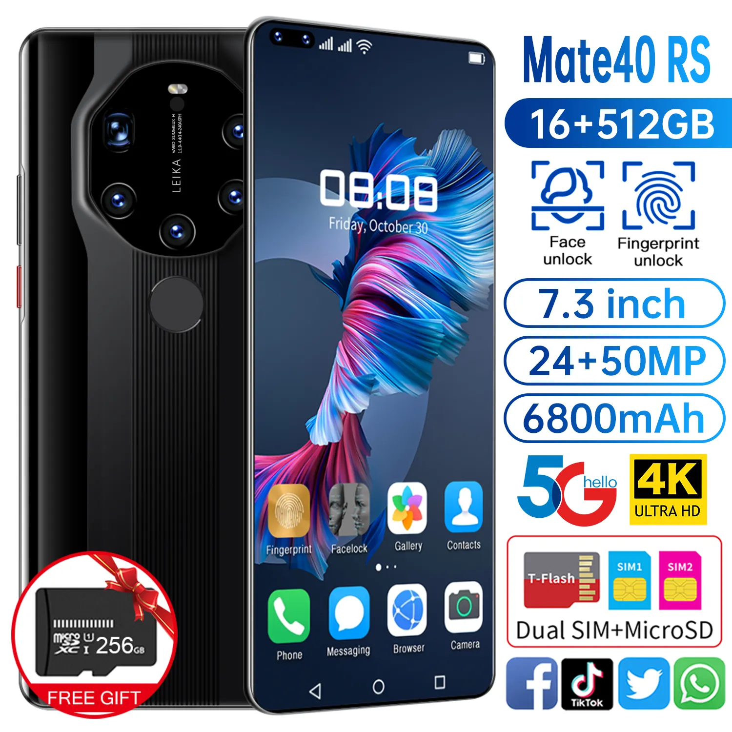Original Brand modell smart telefon Mate40 RS 16GB + 512GB 7.3 zoll HD + display große 24MP + 50MP 6800mAh Face & FingerPrint android10.0