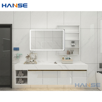 Ensemble de meubles de salle de bain flottants de luxe en bois avec vasque en céramique, miroir LED moderne blanc et or, meuble mural pour hôtel