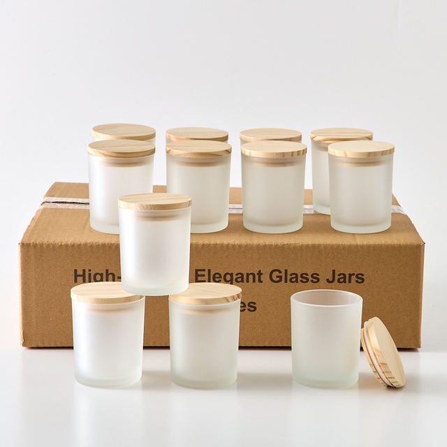 GOOPURE 12Pack  Empty 7 oz Frosted Glass Candle Jars with Wooden Lids for Making Candles Bulk Clean Candle Containers