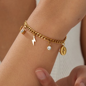 Gold Plated Stainless Steel Chain Bracelet With Lightning Bolt And Crystal Charms For Women Fashion Jewelry Gift - Product Image 2