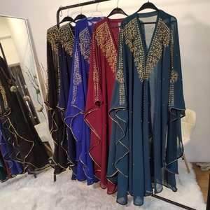 Custom Make Luxury Beaded One Size Abaya <b>Kaftan</b> With Diamond Hoodie Chiffon Solid Color Fabric for Ramadan 6227# - Product Image 2
