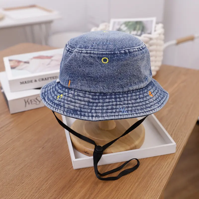 Yaz bebek sevimli kore kova şapka işlemeli mavi kot denim vintage çocuklar kova şapkalar kayış ile trim