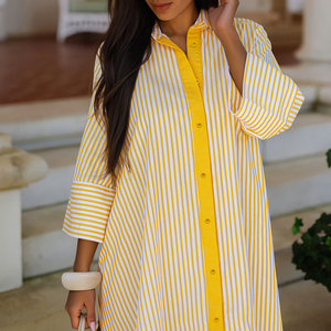 Vestido <span class=keywords><strong>Maxi</strong></span> Amarillo a Rayas con Botones para Mujer, Manga <span class=keywords><strong>3</strong></span>/4, Corte Holgado en A, Antiarrugas, Casual, para Verano, Playa o Vacaciones - Product Image 4