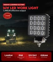 Projecteur de travail LED personnalisable en usine 12V, étanche IP68, 6000K, 16W, pour remorque/camion de pompiers/camionnette/camion/tracteur