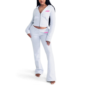 Ensemble de survêtement 2 pièces personnalisé OEM ODM pour <span class=keywords><strong>femme</strong></span> : sweat à capuche, <span class=keywords><strong>pantalon</strong></span> évasé, veste zippée, <span class=keywords><strong>pantalon</strong></span> skinny évasé, ensemble de <span class=keywords><strong>jogging</strong></span> - Product Image 2