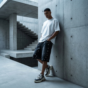 กางเกงยีนส์ขาสั้นสีดำปักลายดาวสไตล์วินเทจทรงหลวมสำหรับผู้ชาย Y2k ลายพระจันทร์ปัก - Product Image 3