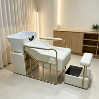 Fauteuil de lavage de luxe pour salon de coiffure, avec cadre doré et cuir PU blanc
