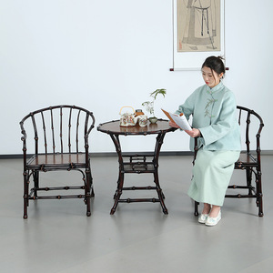 Chinese Style Bamboo Coffee Table Small Round With Waist Antique Bronze Color Household Tea Table Ming Style Design - Product Image 3