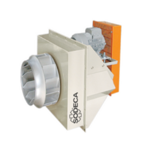 Ventilateurs Sodeca pour applications industrielles, ventilateurs à entraînement par courroie CMRH avec poulie de moteur électrique, protections de courroie pour installation horizontale - Product Image 1
