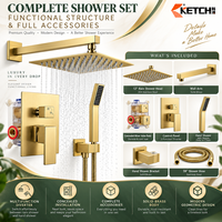 Système de douche pluie carré avec pommeau de douche à effet pluie, douchette à main, robinet mélangeur avec inverseur, ensemble de douche en laiton finition or, nickel, chrome