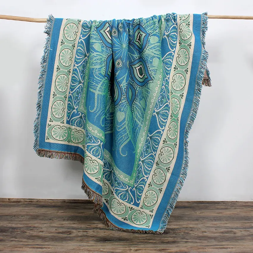Wholesale good quality 100% recycle cotton soft blue tapestry throw home decor custom jacquard woven blanket