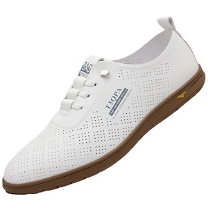 Chaussures bateau d'été pour hommes en cuir respirant, à lacets, avec doublure en maille, semelle extérieure en caoutchouc, blanches, décontractées, pour la conduite, avec logo sur le dessus - Product Image 5