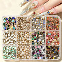 12 Grilles de Breloques Mixtes en Strass pour Ongles, Cadre Doré, Pierres Colorées Ovales, Carrées et Rondes, Clous en Alliage pour Ongles, Fournitures de Décoration de Manucure