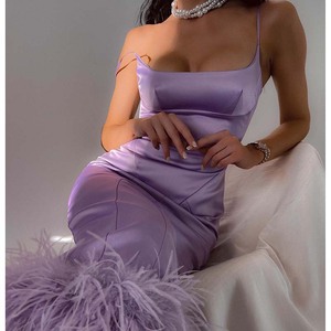 High Quality Elegant slip Lavender <strong>Dresses</strong> With Feathers Evening Party 2022 <strong>Wrap</strong> <strong>Silk</strong> Sexy <strong>Dresses</strong> Women - Product Image 2