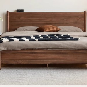 Lit en Bois Massif 1,8 m avec Rangement, Lit Double en Noyer Noir Américain, Rangement Flottant pour Petits Appartements - Product Image 1