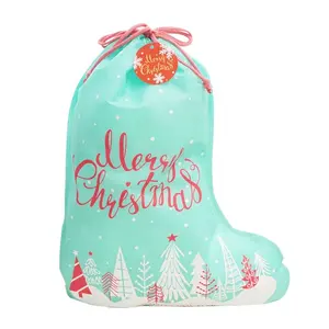 Huadefeng 그린 컬러 크리스마스 스타킹 선물 가방 부직포 졸라매는 끈 사용자 정의 가방