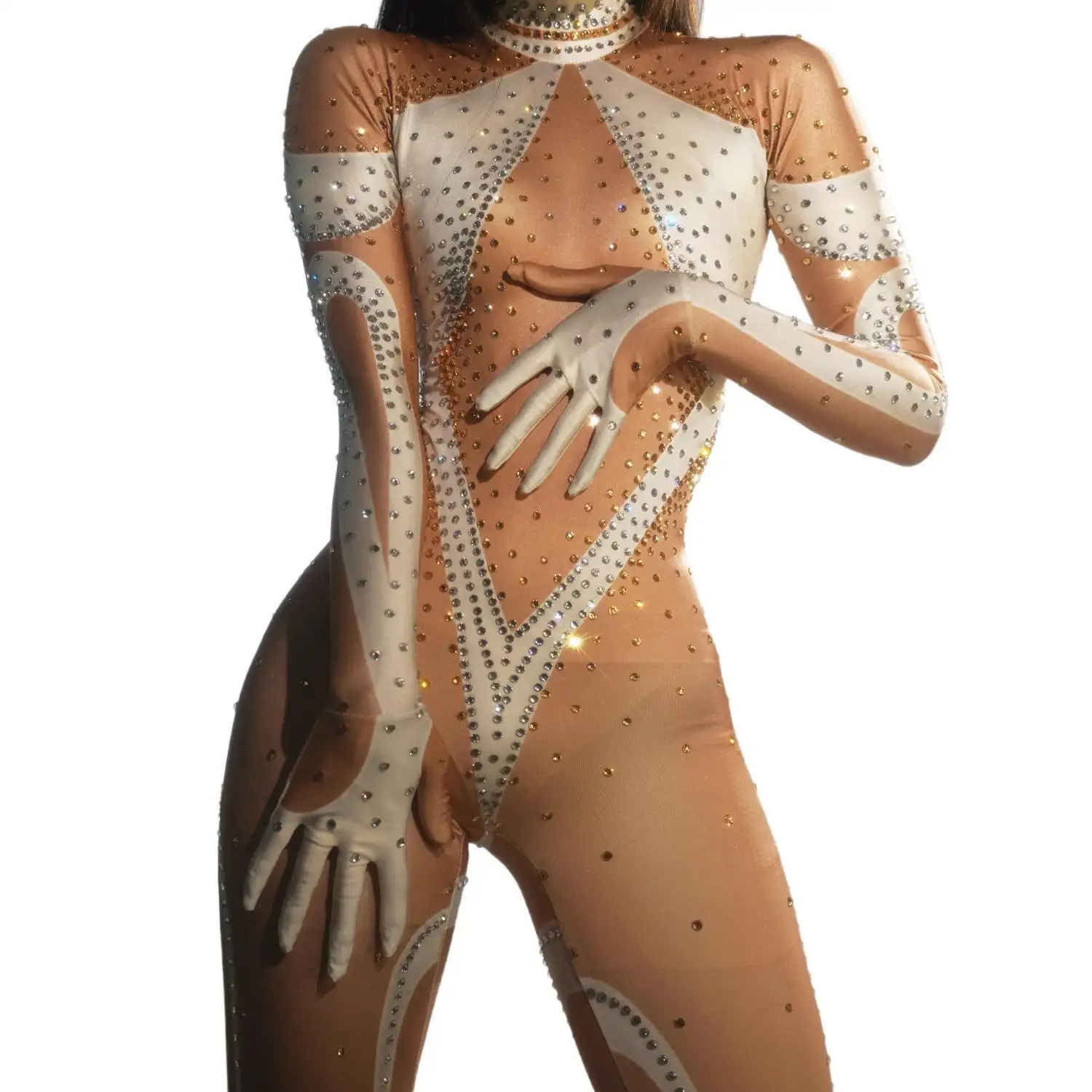 Mono Mujer Fashion Long Sleeves Rompers Showgirl Stage Dance Leotard Ladies Women Rhinestone One Piece Bodysuit Sexy Jumpsuit