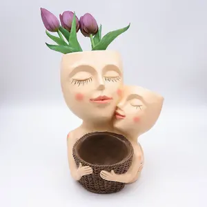 Custom Double Face Flower Pots Face Resin Plant Pot Two Head Planter Indoor Outdoor Lady and Baby Face Planter Flower Pot