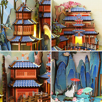 Kit de construction de niche à livres en bois Penglai Wonderland, maison miniature 3D avec éclairage LED, insert de bibliothèque fantaisie chinoise pour adultes