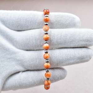Pulsera Elástica Hecha a Mano con Perlas de Plata de Ley y Turquesa de Ostra Espinosa Naranja - Product Image 5