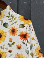 Pull en tricot à imprimé tournesol pour femme, col montant, manches longues, motif floral, blanc