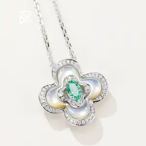 Rochime Four-leaf Clover Paraiba Pink Green White Fritillaria Gemstone Pendant Necklace S925 Silver 5a Zircon Jewelry For Women