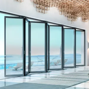 Sistem pintu geser lipat aluminium eksterior kustom rumah villa teras tahan suara aluminium pintu lipat dua kaca mengkilap