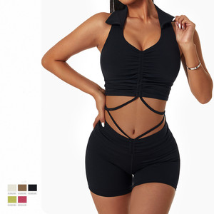 ชุดเสื้อกางเกงกีฬาขาสั้นมีปกแบบหูรูดสำหรับผู้หญิง,ชุด2ชิ้นสำหรับใส่ออกกำลังกายเล่นโยคะฟิตเนส - Product Image 1