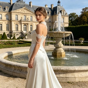 Abito da <span class=keywords><strong>Sposa</strong></span> <span class=keywords><strong>Vintage</strong></span> Francese in Pizzo Leggero, Abito da Sera di Alta Gamma per Spose, in Raso Trasparente con Coda a Sirena - Product Image 2