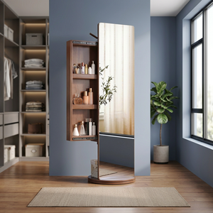 Miroir sur pied minimaliste moderne avec cadre en bois fait main et étagères de rangement réglables pour usage domestique - Product Image 3