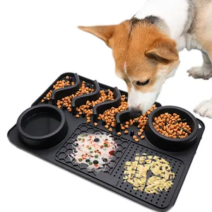 Alas Makanan Anti Selip All-In-One Tatakan Makanan Pemberi Makan Lambat Tatakan Hewan Peliharaan Tatakan Makanan Silikon Tingkat Makanan Mangkuk Makanan Anjing