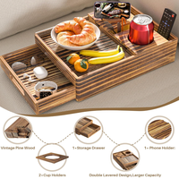 Support de tasse vintage en bois pour canapé, plateau de rangement 7-en-1 pour canapé, table d'appoint avec tiroir coulissant pour boissons, tasses, collations, télécommande