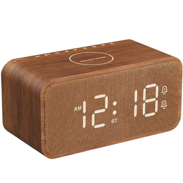 Wooden Alarm Clock Radio  Speaker Wireless Charging Station Digital Desk Clock for Bedrooms Bedside Desk Table Clocks