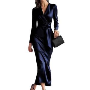Robe de soirée élégante et chic pour femme 2026, en satin, longue, coupe trapèze, col en V, manches longues, taille ajustée avec nœud, idéale pour le bureau - Product Image 6