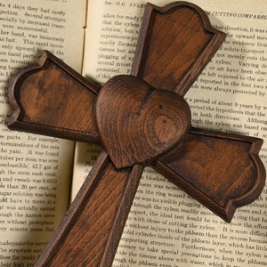 Scultura artistica in legno semplice in legno intagliato a mano in legno massello religioso decorazione per la casa-cuore eterno croce parete appesa scatola di legno a muro segno - Product Image 3