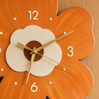 Jam Dinding Kayu 3D Motif Bunga Kreatif Grosir Pabrik Modern Sederhana Oranye Tahan Air Dioperasikan dengan Baterai Set Empat Buah