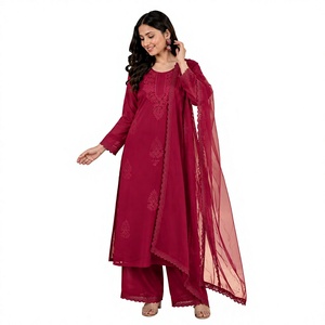 Salwar Kameez traditionnel pour femmes en coton marron avec broderie, longueur cheville, coupe régulière, style indien pakistanais, vêtements décontractés - Product Image 1