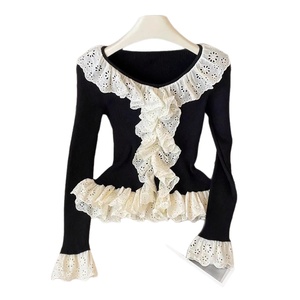 Maglione da Donna in Stile Francese Retrò, Casual Autunnale, Bicolore Nero e Bianco, con <span class=keywords><strong>Pizzo</strong></span> e Volant, Antirughe, Vestibilità Slim - Product Image 5