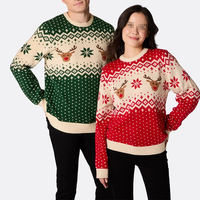 Pull-over unisexe en coton 100% jacquard tricoté plat, col rond, manches longues, motif élan de Noël, couleur unie sésame, pour l'hiver