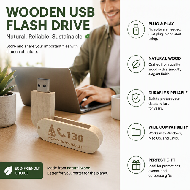 High Quality Eco-Friendly USB 2.0 Swivel Wooden USB Flash Drive with 512MB-32GB Capacity for Promotional Custom Use