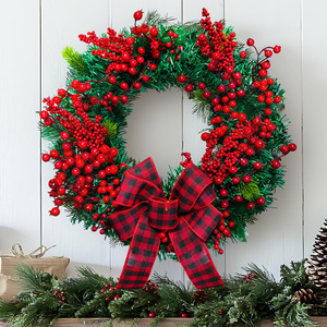 LINGKAI Ghirlanda Natalizia Artificiale Ecologica da 40cm con Bacche Rosse e Fiocco a Quadri <span class=keywords><strong>per</strong></span> Porta d'Ingresso, Decorazione Moderna <span class=keywords><strong>per</strong></span> Parete Festiva - Product Image 3